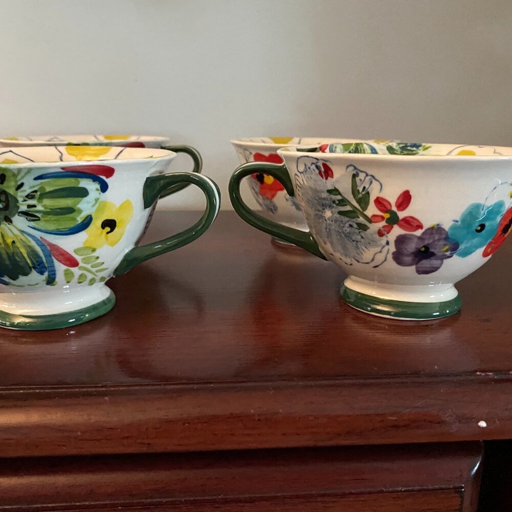 4 Anthropologie Estudio Flores Sissinghurst Castle Footed Coffee Tea Mug Cup Set